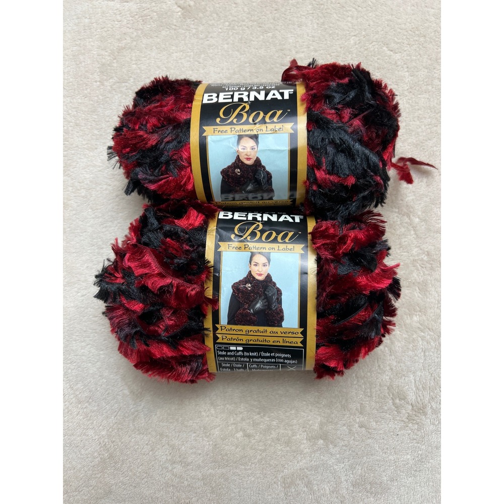 Bernat Boa Yarn 2 Skeins Lot Cardinal 46530 Red Black Eyelash  100g 3.5oz 129yd